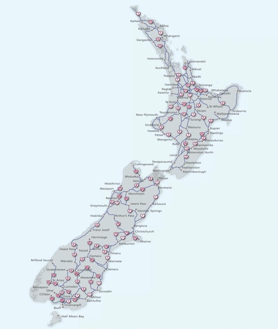 Xəritə Yeni Zelandiya marşrut 